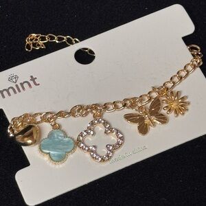 Mint Gold Blue Clover Heart Butterfly Charm Bracelet 7.5-9.5 inch